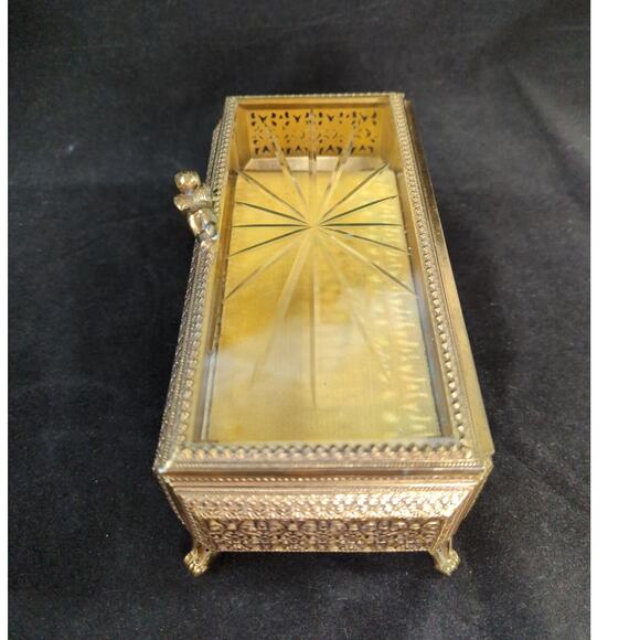 Vintage Gold Filigree Casket Jewelry Box Etched Starburst Hinged Lid Cherub - Picture 10 of 11